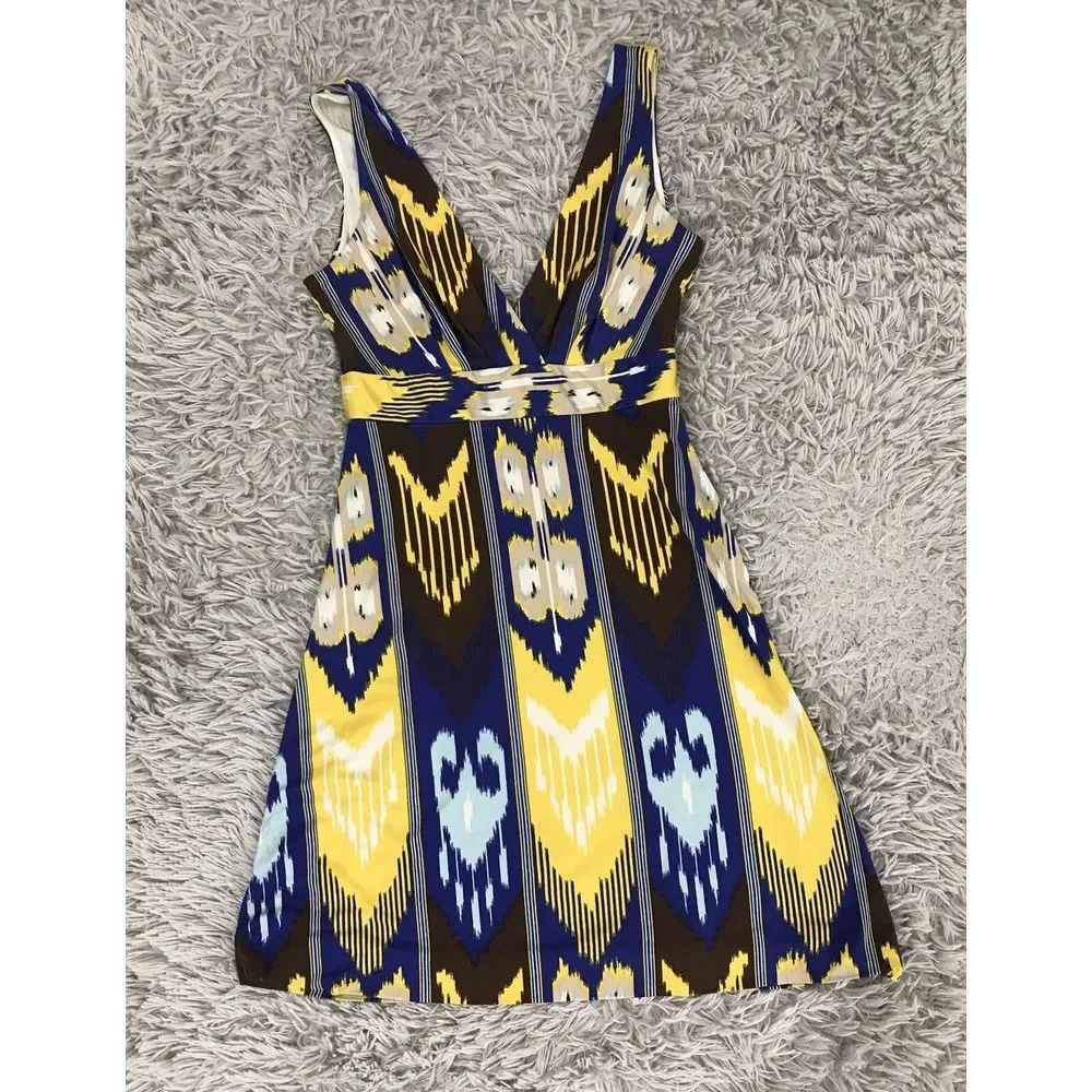 Tory Burch Dress Baja Blue White Brown Multi Dress Flare S‎